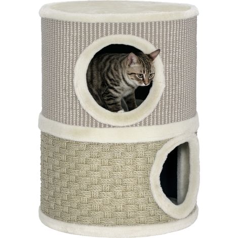 Kratztonne, 49 cm hoch, Ø35,5 cm zweistöckige Katzentonne mit Plüschrand Kratzmatte, 2 Höhle Khaki+Kaffee
