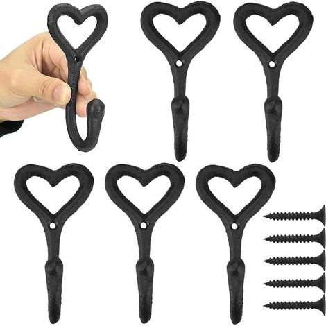 6 Stück Wandgarderobenhaken aus Metall, 11,2 cm x 5,5 cm x 4 cm, Vintage-Wandhaken, rostfrei, herzförmige Türhaken mit Schrauben für Badezimmer, Küche, Schlafzimmer, Eingang – Schwarz