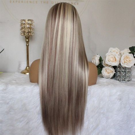 Perruque Lace Front lisse synthétique avec raie au milieu, couleur marron et blonde mélangée, convient aux femmes, perruque longue avec mèches (56 cm lisse).