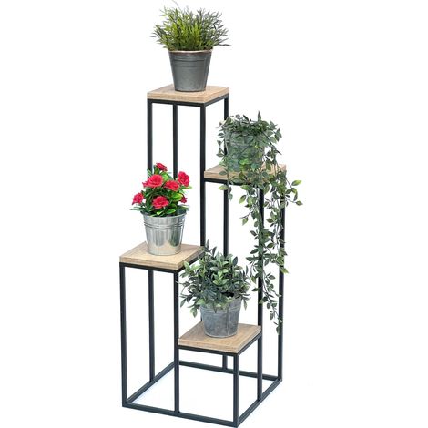 DanDiBo Blumentreppe Metall Schwarz Holz 90 cm Pflanzentreppe Blumenständer 96349 Blumensäule Modern Pflanzenständer Blumenhocker