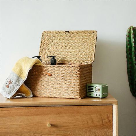 Panier de rangement tressé à la main avec couvercle en osier, boîte de rangement en rotin pour divers articles, boîtes de tri artisanales pour vêtements et bijoux (1/2)