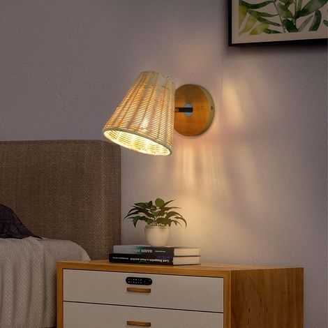 Applique murale en rotin, abat-jour en rotin et bambou tissé à la main avec applique murale en bois pour chambre, salon, balcon, passage (ampoule non incluse) (1/5)