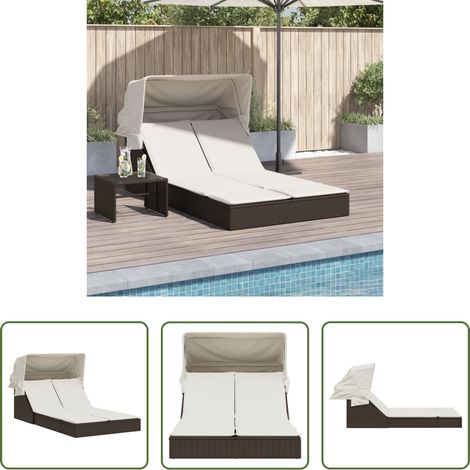 Sonnendach - Doppel-Sonnenliege mit Dach und Auflagen Braun Poly Rattan (1/5)