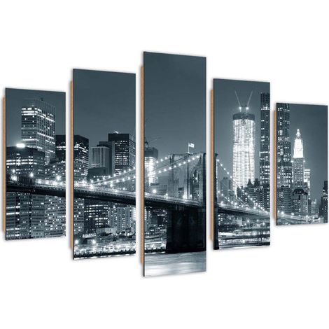 Quadro deco panel 5 parti, Ponte di Brooklyn in bianco e nero - 100x70 (1/5)