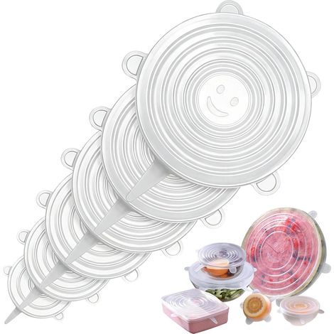 6 Couvercles en Silicone Extensibles, Ronds et Blancs, Couvercle Silicone Alimentaire Réutilisable pour Bols et Casseroles, Conservation Aliments, Lavables et Résistant à la Chaleur (1/5)