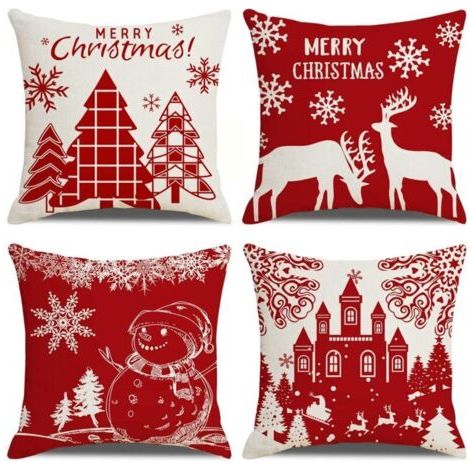 Housses de Coussin Joyeux Noël Lot de 4 Taie d'oreiller l'hiver Noël Wapiti Château Bonhomme de Neige Modèle Décoration pour Canapé Chambre Maison 45 x 45 cm (1/4)