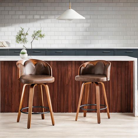 Tabourets de bar en bois courbé et simili cuir marron lot de 2 (1/5)