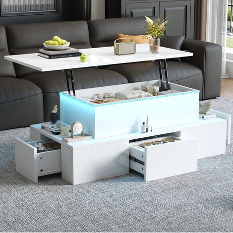 Mesa de centro elevable (100x50x40 cm), con LED y 4 cajones, almacenamiento oculto, MDF blanco (1/5)