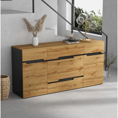Buffet de salon avec 2 portes et 4 tiroirs, 160x40x80 cm, bois et noir, pour hôtel et appartement (1/5)