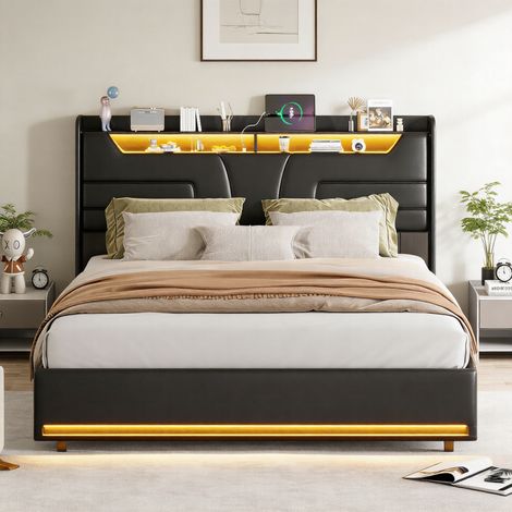Lit coffre double 160x200 cm, Lit capitonnée avec éclairage LED et charge USB, Lit adulte avec sommier à lattes, Rangement hydraulique, PU, Noir (1/5)