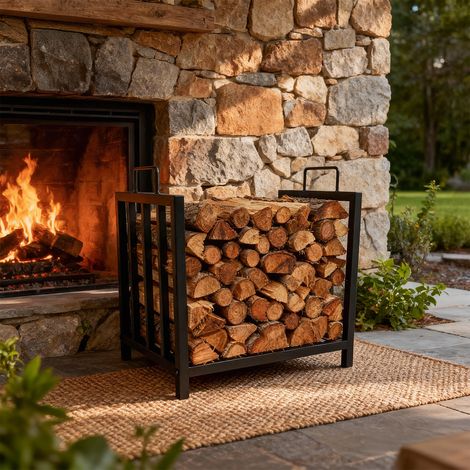 Porte-bûches robuste en métal noir avec poignées - Range-bûches portable intérieur/extensionérieur 44,5 cm - Support de rangement bois pour cheminée, brasero, patio, terrasse - Firewood rack FWW44.5xD (1/5)