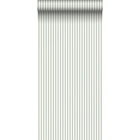 Papier peint à rayures vert olive grisé et blanc – Dimensions 53cm x 10m – Raccord libre – Écologique certifié FSC® (1/5)