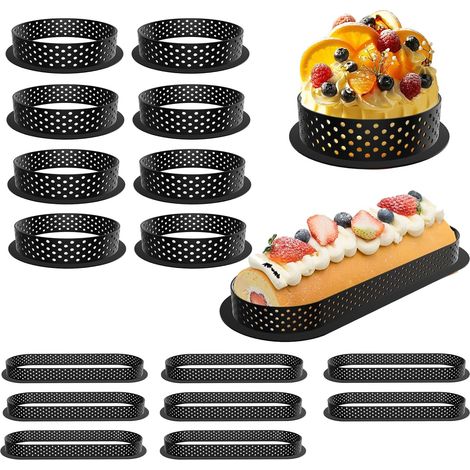 Pack of 16 Round Cake Rings in Perforated Foam 8 Pieces Oval 8 Tart Moulds Non-Stick with Air Holes for Desserts, Cakes, DIY, Black (1/5)