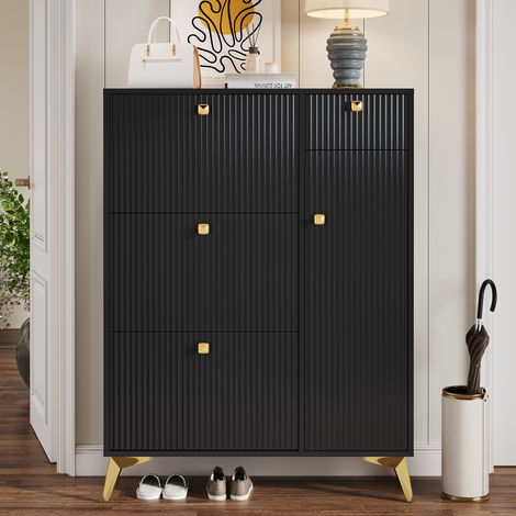 Meuble à Chaussures 90x25x121 cm avec 3 Abattants, 1 Porte et 1 Tiroir, Rangement Gain de Place, Noir (1/5)