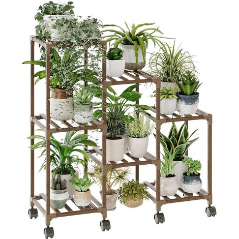 Support Plantes Intérieur avec Roulettes, Porte Plante Intérieur en Bois, Étagère à 3 Niveaux pour 7 Pots, Étagère Plante pour Fenêtre, Jardin, Balcon, Patio, Salon, Porte Plante Extérieur (1/5)