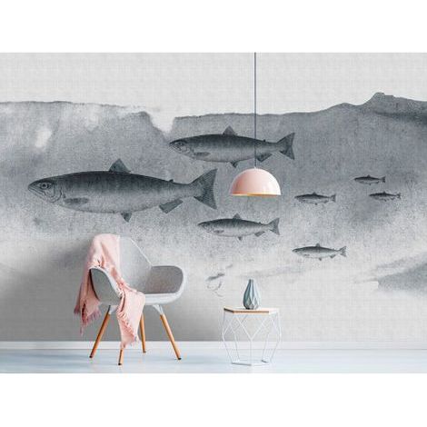 Papier peint panoramique océan gris Tapisserie panoramique animaux grise pour couloir Papier peint panoramique salle de bain avec poisson (1/3)