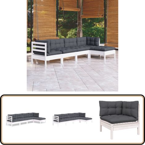 5-tlg. Garten-Lounge-Set mit Kissen Weiß Kiefernholz - Garten Lounge Set - Kiefernholz Möbel - Outdoor Sofa - Gartenmöbel - Rattan Gartenmöbel