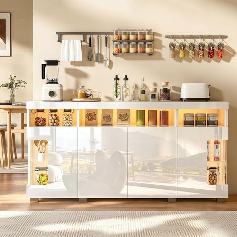 Sideboard Hochglanz Weiß für Wohnzimmer mit LED-Fernbedienung, Kommode mit Soft-Close Scharnieren, Wohnzimmerschrank mit Kippschutz für Flur & Esszimmer, 140 x 40 x 70 cm (1/5)