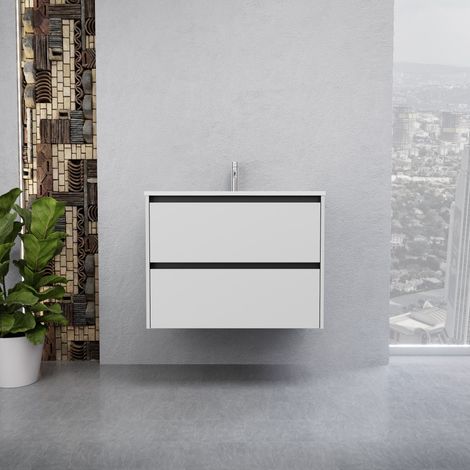 Inda - Badezimmerschrank 2 Schubladen B.80 mit glänzendem Waschbecken / Weiß glänzend - Smeraldo