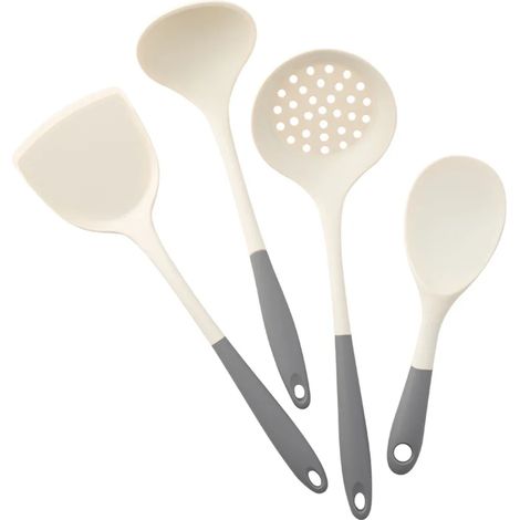 (Ensemble de quatre pièces gris-blanc) Ustensiles de cuisine en silicone, comprenant une spatule, une louche et une cuillère à trous en silicone. (1/3)