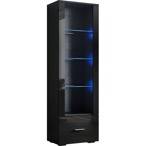 SONNI LED Bücherregal OffenerVitrinenschrank 4 Fächer mit Schublade Hochglanz für Wohnzimmer, Schlafzimmer, Schwarz 55x35x172cm (1/5)