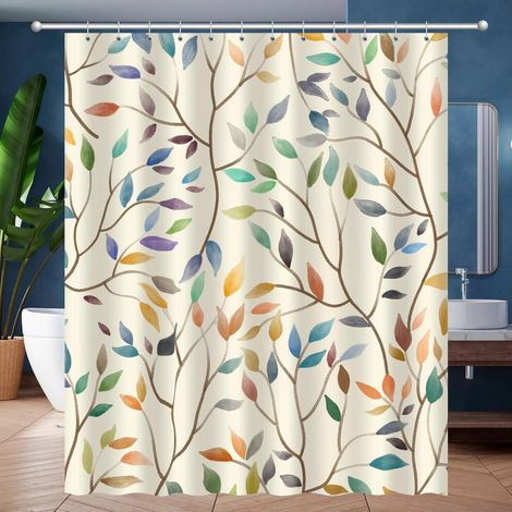Duschvorhang im Bohème-Stil mit Blumenmuster, 84 x 72 Zoll, frühlingshaftes Pflanzenmotiv, mit 12 Haken – passend für Standard-Duschkabinen