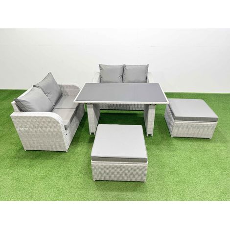Fimous 5 Pieces Outdoor PE Rattan Sofa Set Patio Garden Furniture Sets with Cushions 2 Big Stools Light Grey (1/4)