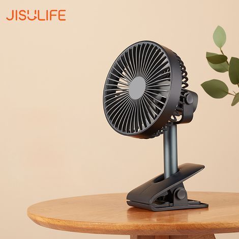 Ventilateur à pince JISULIFE, ventilation à 360°, 4 vitesses, faible niveau sonore, interface USB-C, batterie rechargeable 4000 mAh, sans fil, pour la maison et l'extérieur. (1/5)