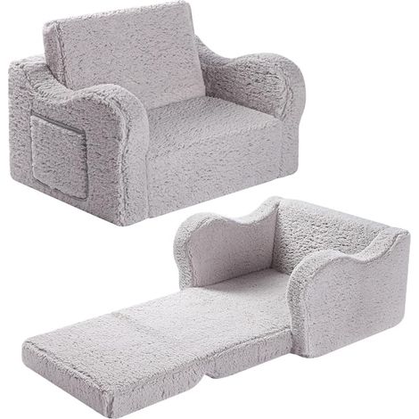 Fauteuil Enfant Convertible 2-en-1 - Canapé Moelleux Convertible en Lit d'Appoint Pliable pour Tout-Petit, Gris