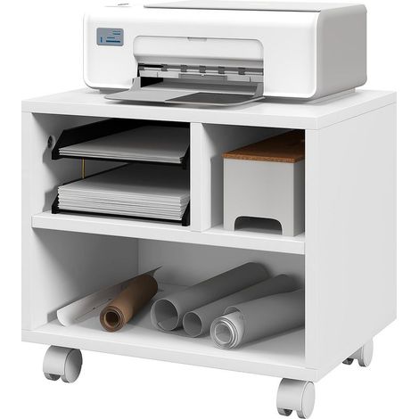 Support d'imprimante meuble de rangement bureau caisson 4 compartiments ouverts 40L x 30l x 36H cm blanc (1/5)