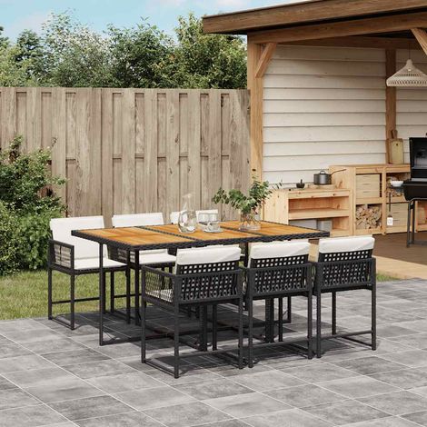 7-tlg. Garten-Essgruppe mit Kissen Schwarz Poly Rattan vidaXL