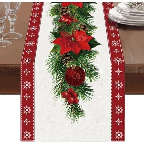 Chemin de table de Noël rouge à l'aquarelle avec poinsettia et flocon de neige blanc, décoration de fête de Noël,13 x 72 pouces (1/5)