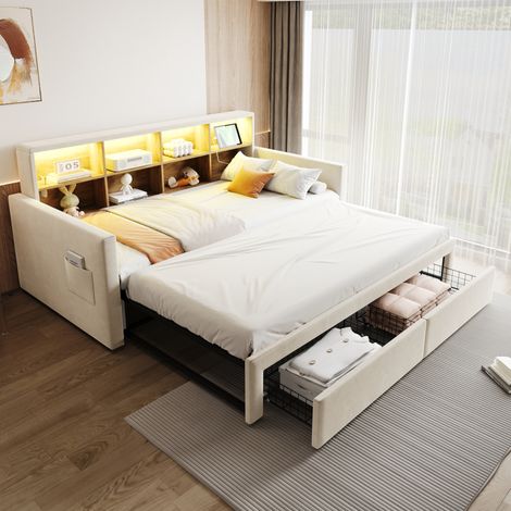 Lit capitonné beige 90x190 cm extensible à 180 cm avec tête de lit de rangement, LED et tiroirs