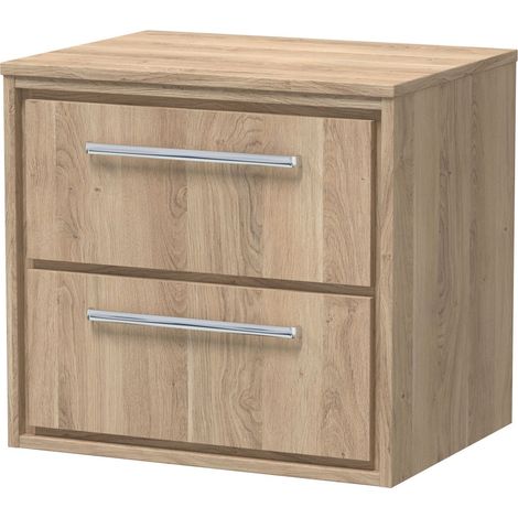 Longnor 2 Drawer Wall Hung Vanity Unit with Worktop, Light Oak, 600mm