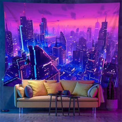 Fabric Wall Tapestry, 3D Fluorescent Wall Hanging Decoration, Aesthetic Wall Art Decoration for Living Room, Bedroom, Dormitory (100x150cm, Purple City 5) (1/5)