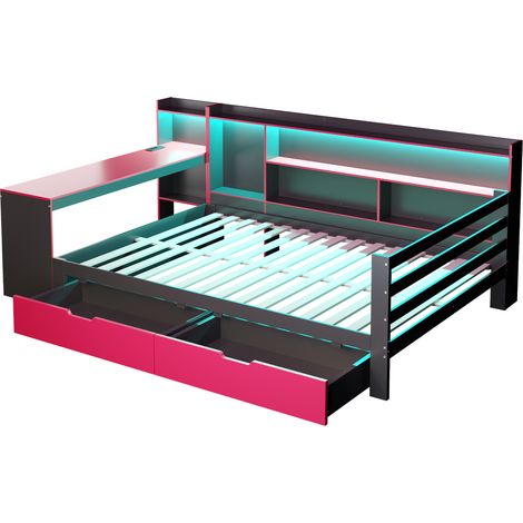 Cama sofá 140 x 200 cm de madera con escritorio, estantes, cajones, LED y enchufes negro/rojo (1/5)