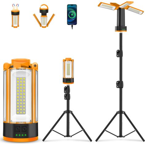 Projecteur de Chantier LED Rechargeable avec Trépied, Multiples Modes Lampe de Travail Réglable, 10400 mAh Lampe de Camping à 4 Têtes, Projecteur sur pied Pour Chantier, Garage, Camping(Orange) (1/5)