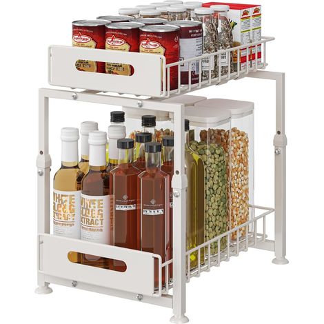 1 - Rangement sous évier - Organisateur coulissant - Étagère cuisine 2 niveaux - Hauteur réglable métal robuste pour placard salle de bain blanc 29x37,5x41-49cm