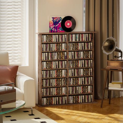 Meuble de rangement pour CD et DVD avec 16 compartiments et 12 étagères réglables, capacité maximale de 720 CD / 396 DVD et disques Blu-ray, marron (1/5)