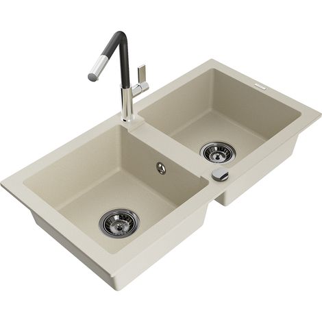 Mexen Mario 2-Becken-Granitspüle mit Mischbatterie Flora, Beige - 6504-69-670401-07-B