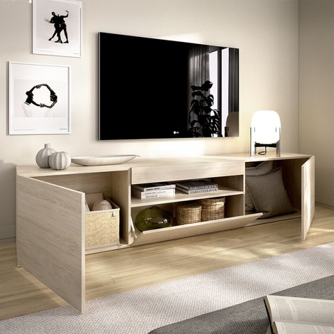 Mueble TV Burley, 2 Estantes, 3 Puertas, 4 Compartimentos, 42x200x48h cm Roble Marrón (1/5)