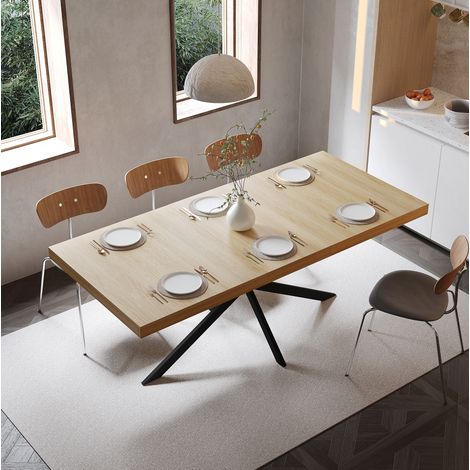 Mesa de comedor extensible (140-180x80x76 cm), con almacenaje oculto, base en X, MDF y metal, natural (1/5)