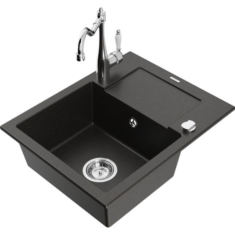 Mexen Enzo lavello in granito a 1 vasca con sgocciolatoio e rubinetto da cucina Carla, nero/oro metallizzato - 6506-75-670700-00 (1/5)