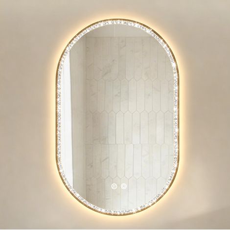 Specchio LED ovale 50x80 cm con antiappannamento, 3 temperature di colore e intensità regolabile, telaio dorato spazzolato (1/5)