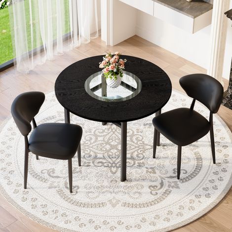 CAIziEnsemble table ronde minimaliste 100 cm noir bois + 2 chaises PU confort