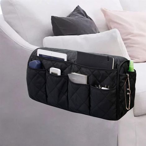 Borsa portaoggetti da bracciolo per divano con 14 tasche, ideale per riporre cellulari, telecomandi, riviste, occhiali, iPad, ecc. (nera) (1/3)