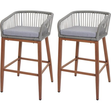 Lot de 2 tabourets de bar Rope HWC-O22, coussins d'extérieur en corde tressée métal aspect (1/5)