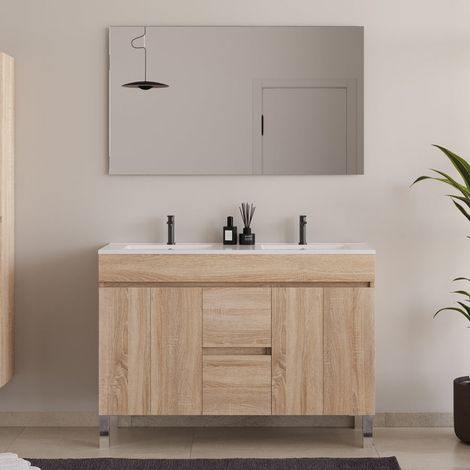 Meuble de salle de bain 120cm double vasque avec portes et tiroirs - cambrian (chêne clair) - HARO (1/5)