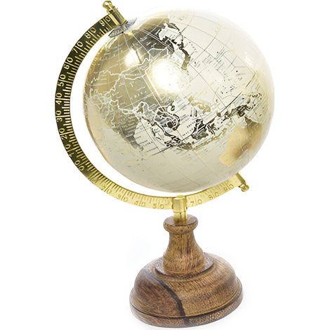 Mappamondo per interno con struttura in ottone chiaro, base in legno -Argento / 15 x 12.5 x 22.5 h cm