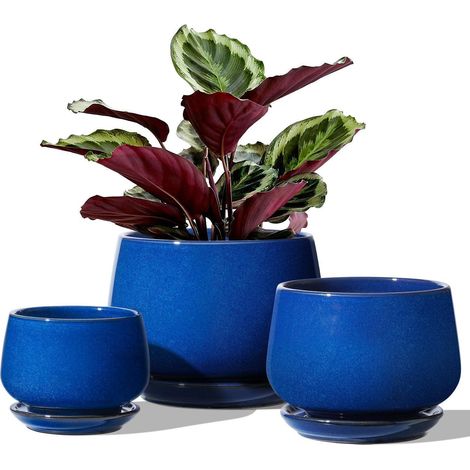 Keramik Blumentöpfe mit Untersetzer, 3er Set, 10-16 cm, Schatz Blau (1/5)